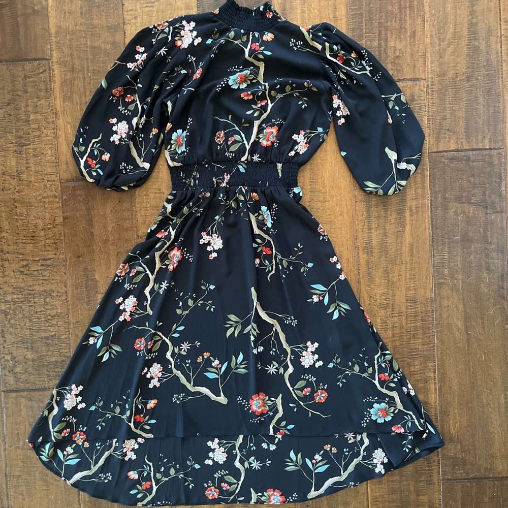 Nanette Lepore dress w/ Victorian collar, cinched waist, high low hemline.